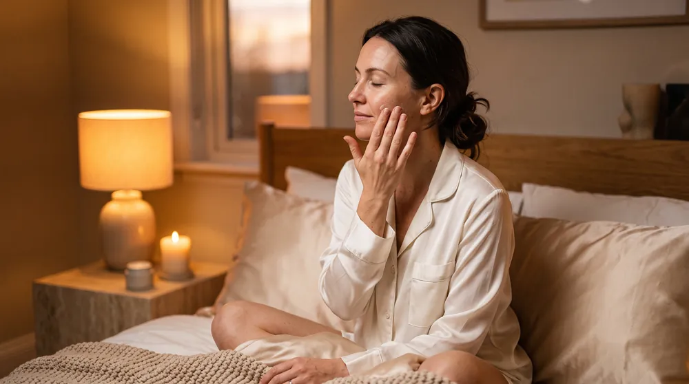 A bedside at night with a silk pillowcase