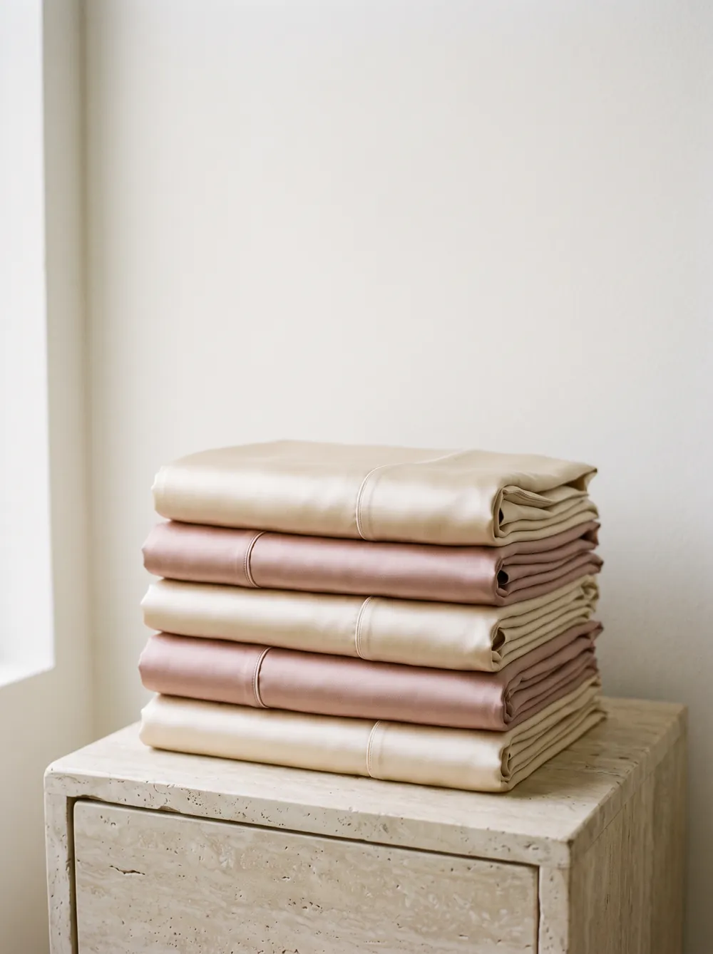 Folded champagne and blush silk pillowcases stacked on a bedside table